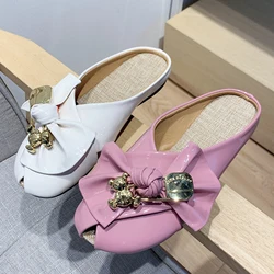 Women Slippers Gold Chain Bear Half Slippers Female Flats Sandals Brand Mullers Plus Size Summer Women Shoes Fashion Bow Slipper