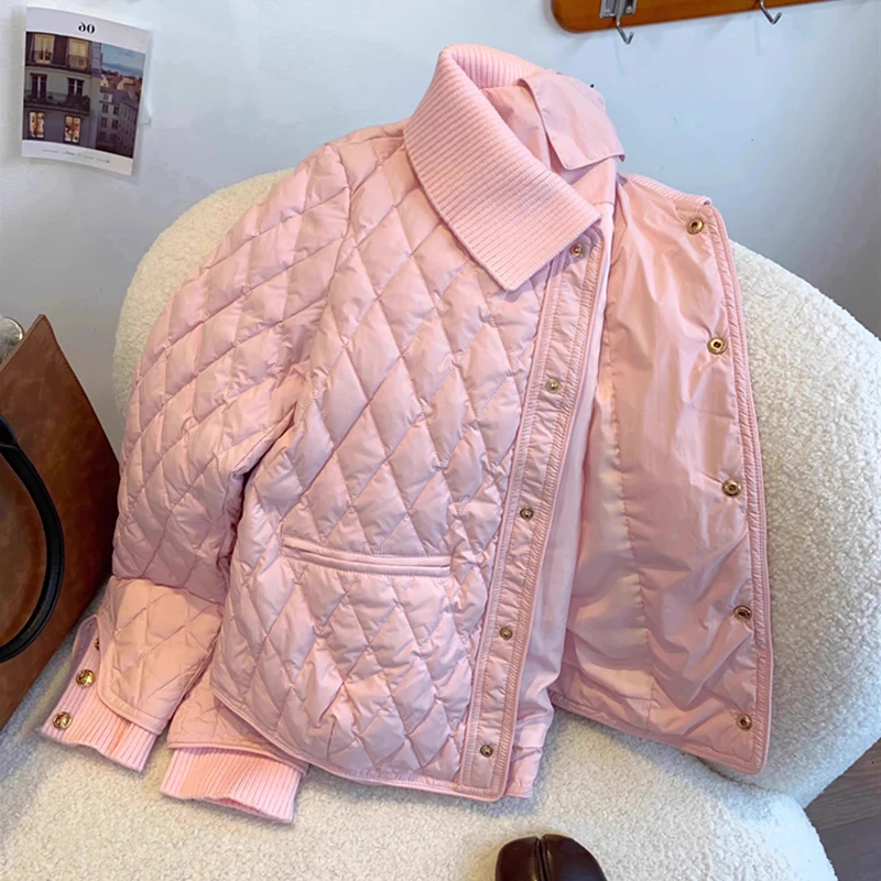 Winter Cotton Pink Jacket Lightweight Diamond grid Parka autumn Long Skeeve Fashion Simple and high-end casual Coat Outerwear