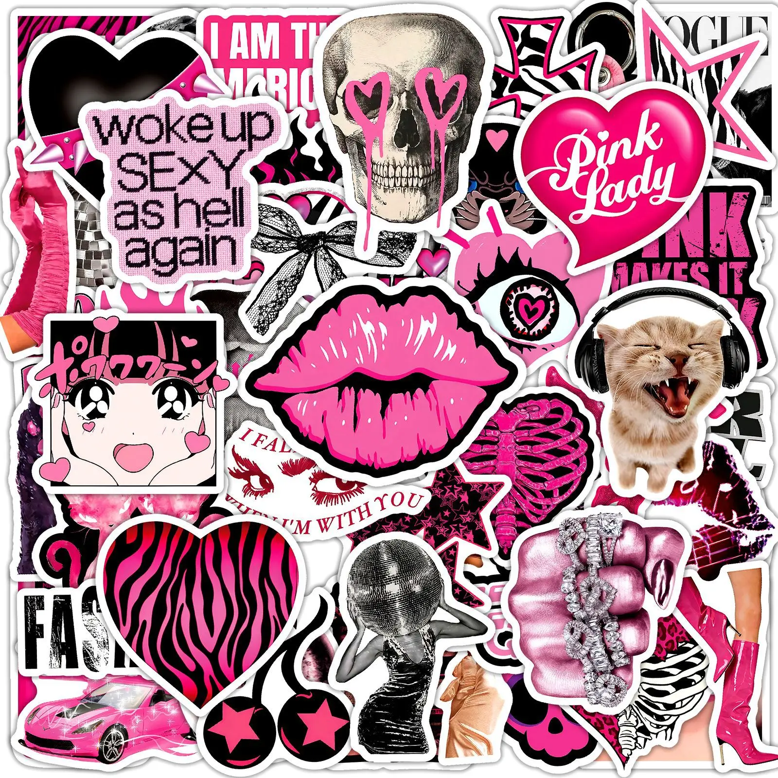 50 Stück Retro Y2K Schwarz-Rosa Coole Ins-Style Aufkleber PVC-Sticker Spielzeug DIY Wasserfest Skateboard Gepäck Handy Kühlschrank Geschenke