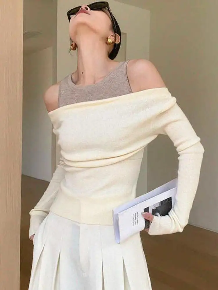

Autumn Winter Pink Beige Patchwork Long Sleeve Slim Knit Sweater Women Off Shoulder Round Neck Holiday Short Tops Korean Fashion