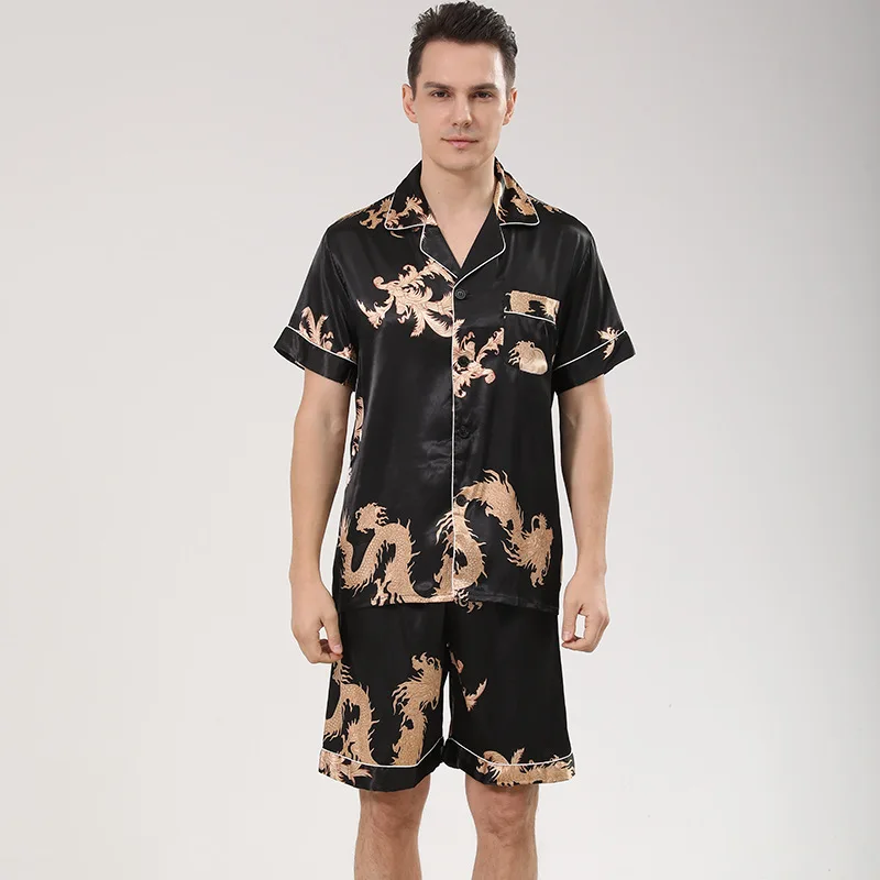 Conjunto de pijama con estampado de dragón azul para hombre, ropa de dormir de satén con cuello vuelto, manga corta, para estar en casa, Verano