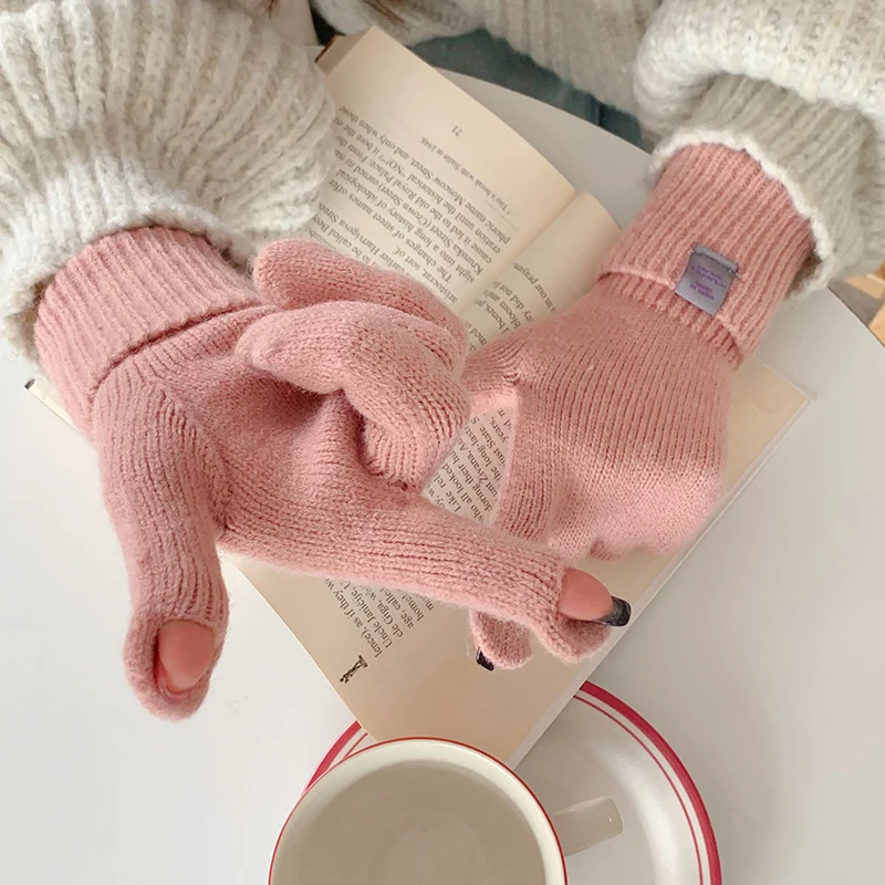 Warm gloves winter simple solid color long wrist warm fingerless touch gloves for women autumn and winter