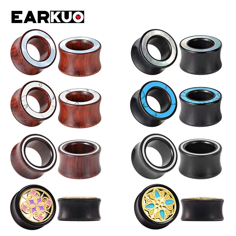 EARKUO Fashion Design Wood Stone Shell White Line Ear Piercing Plugs Stretchers Body Jewelry Ear Tunnels Gauges Expanders 2PCS