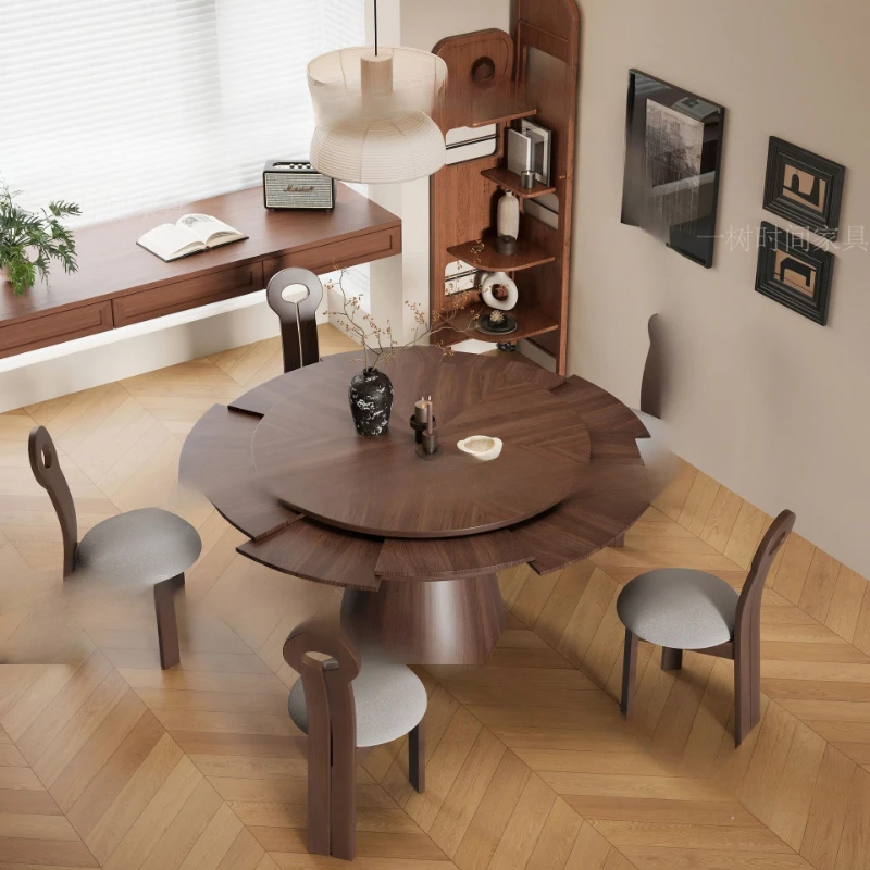 Designer deformation round table medium antique solid wood rotating retractable dining table small apartment French retro foldin