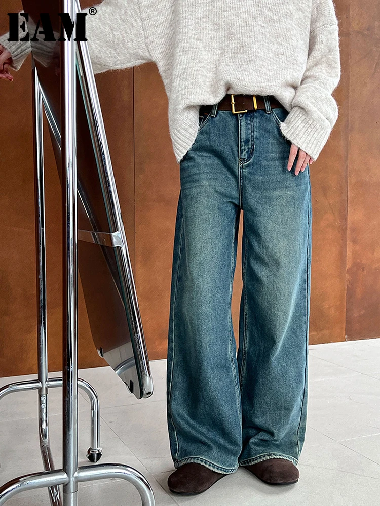 [EAM] High Waist Blue Denim Long With Velvet Vintage Wide Leg Jeans New Women Trousers Fashion Tide Autumn Winter 2024  1DH7907