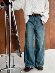 [EAM] High Waist Blue Denim Long With Velvet Vintage Wide Leg Jeans New Women Trousers Fashion Tide Autumn Winter 2024  1DH7907