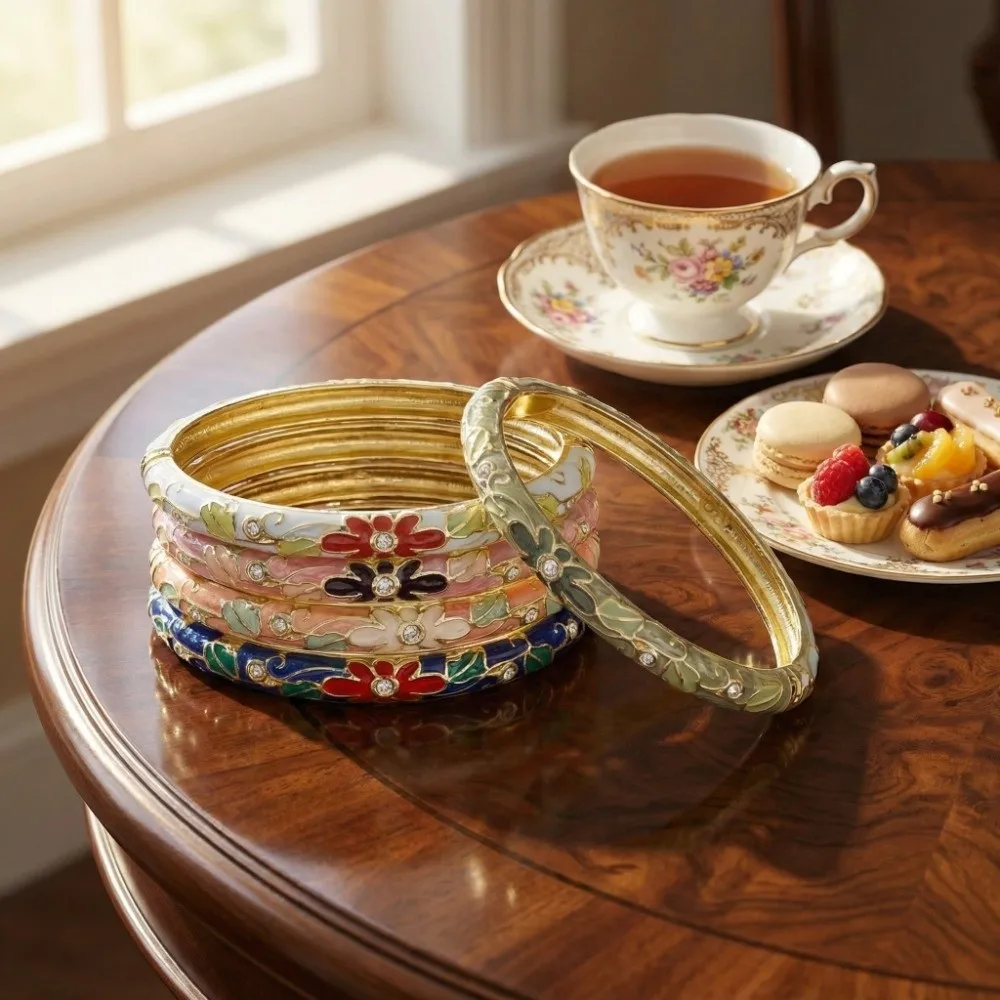 Enamel Vintage Cloisonne Bangle Traditional Chinese Chinese Flower Bangle Big Floral Vintage Women's Hand Bracelet