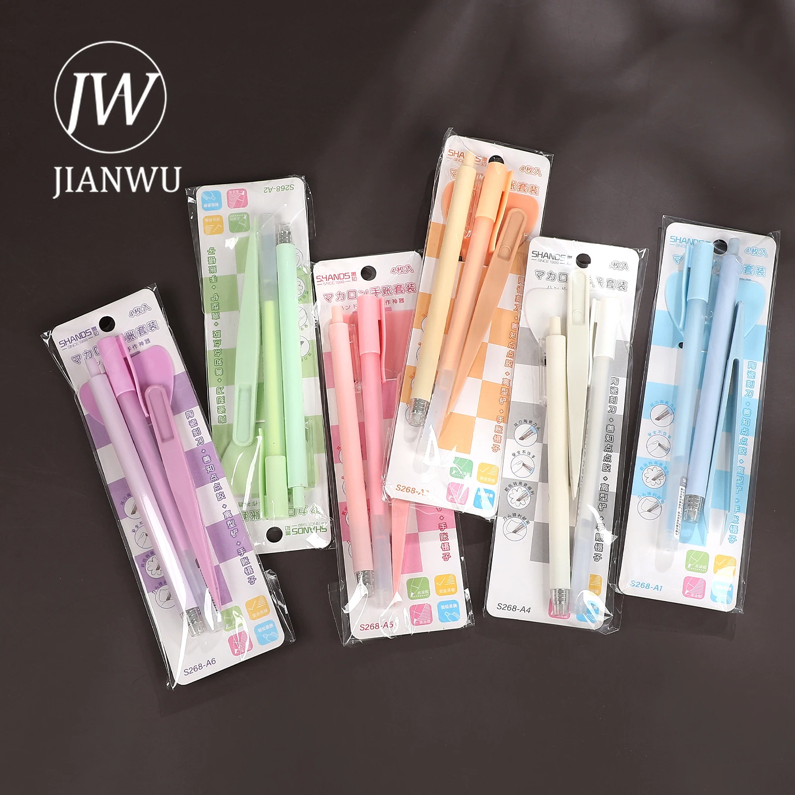 JIANWU 4 Pcs Cute Journal Tools Stationery Set Creative Dot Glue Pen Carving Knife Shovel Tweezers DIY Handmade School Supplies