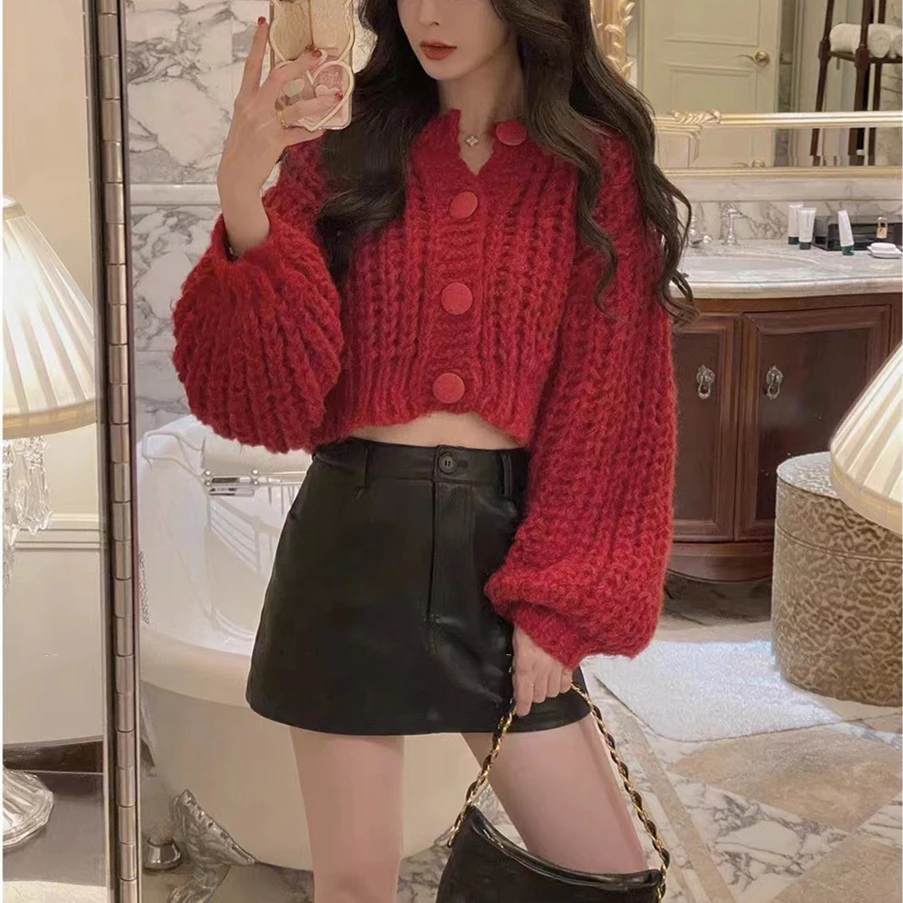 

2023 Women Clothing Sweet Sweater Jackets Suetre Mujer O-neck Solid Sweet Knitwear Casual Cropped Cardigan Y2k Tops Pull Femme