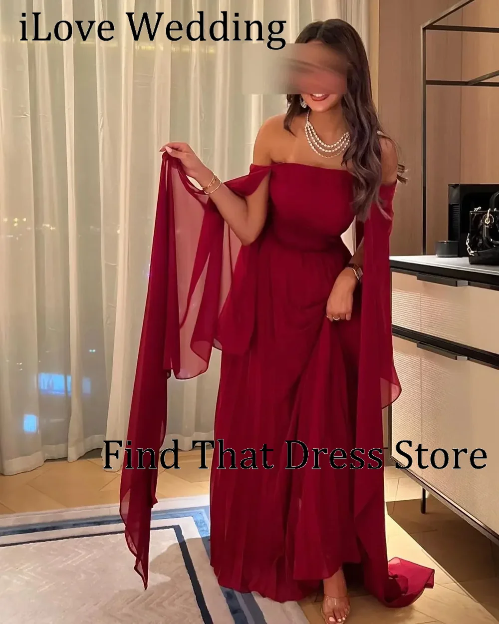 Sukienka wieczorowa szyta na miarę, prosta, czerwona, z dekoltem w łódkę, szyfonowa, plisowana, długa do podłogi, o kroju litery A, z odkrytymi plecami, w stylu saudyjskim, na studniówkę, z peleryną.