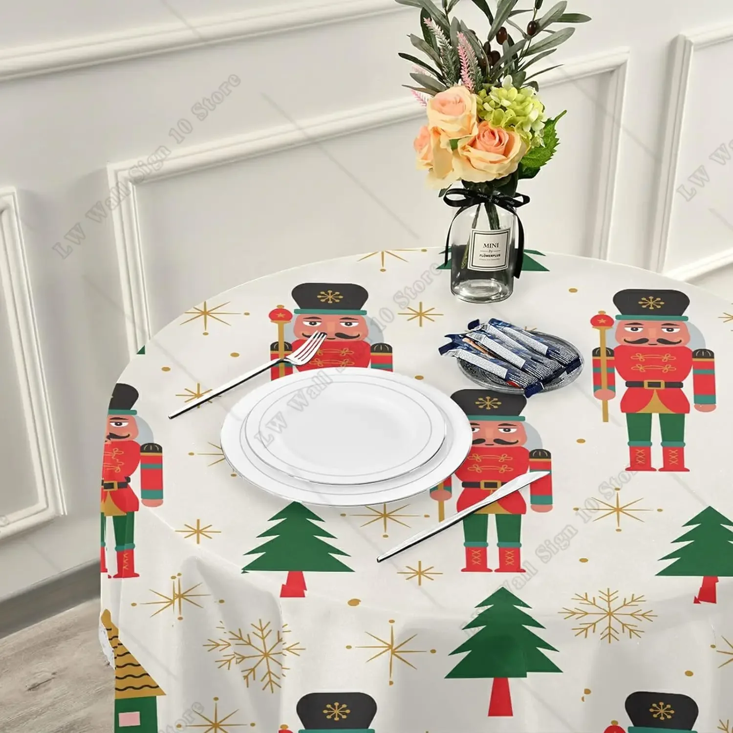 Christmas Nutcracker 60 Inch Round Tablecloth Winter Snowflake Circular Table Cloths Cover Lace Tablecloth for Kitchen Dinning