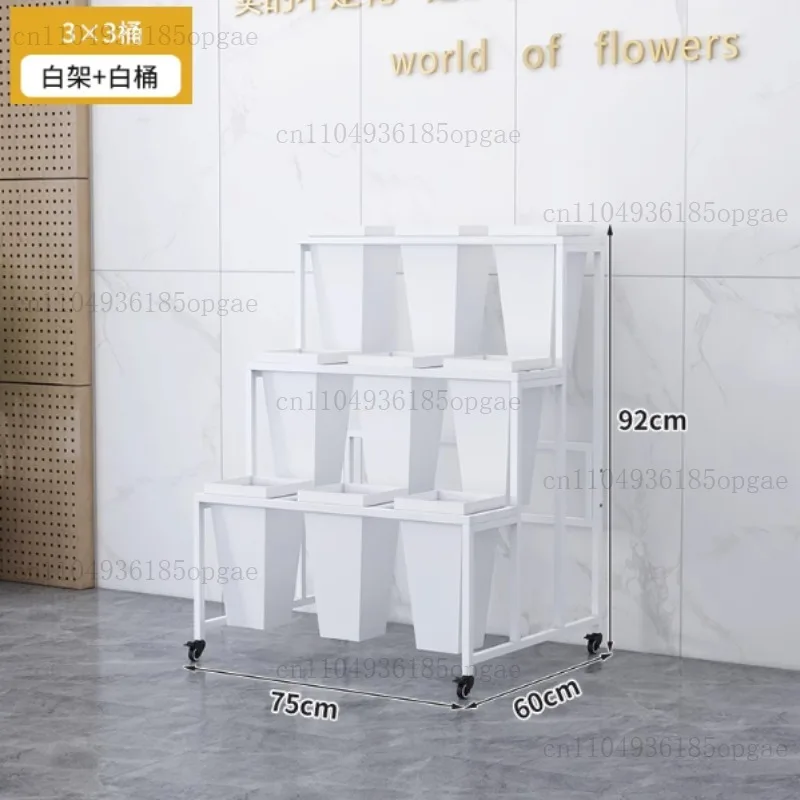 

Florist, flower plastic flower bucket holder, indoor, movable with wheels, wrought iron light luxury display stand