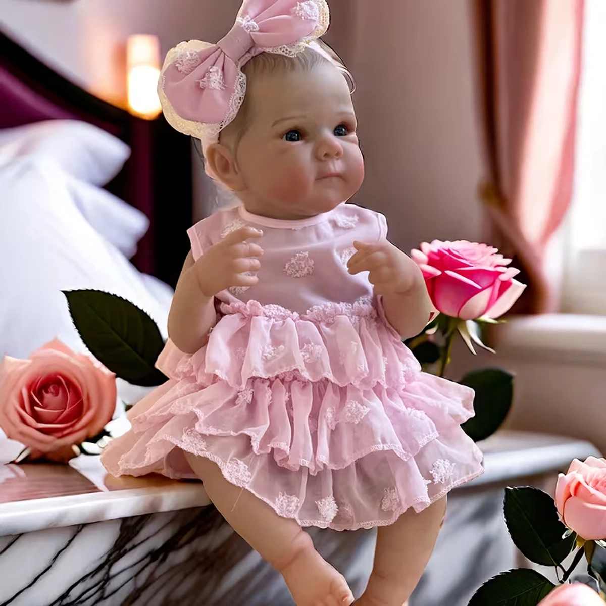 

JOYORA виниловая реинкарнационная кукла для девочек всего тела с реалистичными выражениями лица и глазами, мягкое розовое платье с бантом, высокое качество