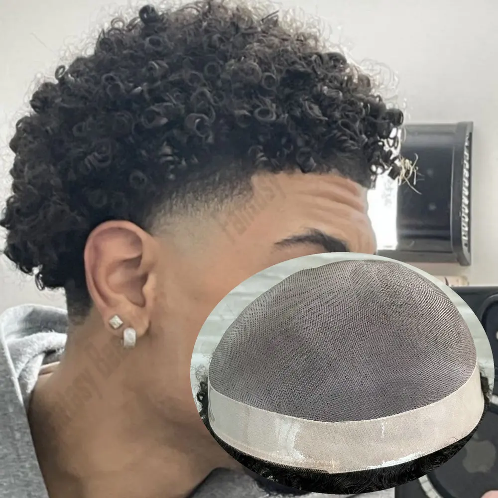 8mm/10mm Kinky Curly Toupee For Men Fine Mono NPU System Unit Durable Male Hair Prosthesis 100% Remy European Human Hair Wigs