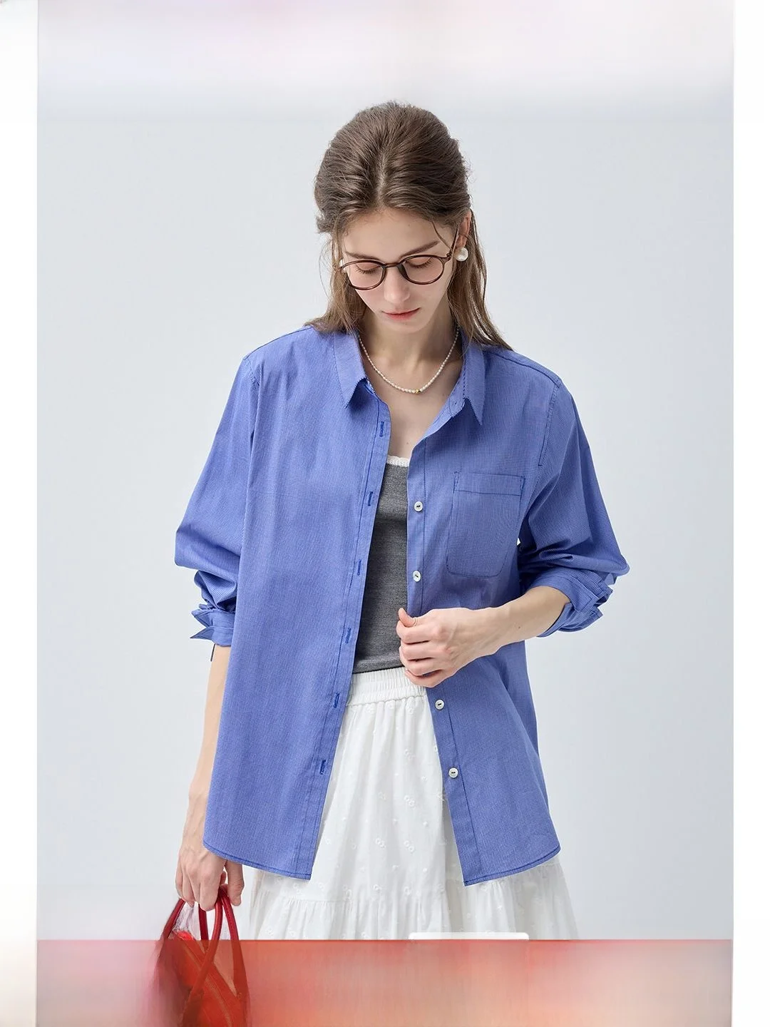 

Blue Plaid Casual Loose Women's irt Spring New Sle plus Size RG Flip Collar Comfortable Breathable Stand Fit Inner Wear