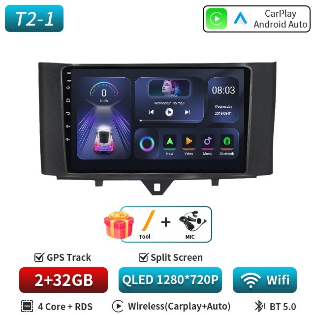 Android 16 Autoradio Voor Smart Fortwo 451 2010-2015 Multimedia GPS Navigatie DSP RDS 4G SWC CarPlay 2Din 9 inch Android Auto BT
