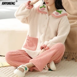 Winter Cute Plush Velvet Pajamas for Women Korean Turn-down Collar Sleepwear for Girl Fashion Loungewear Warm Woman's Pijamas