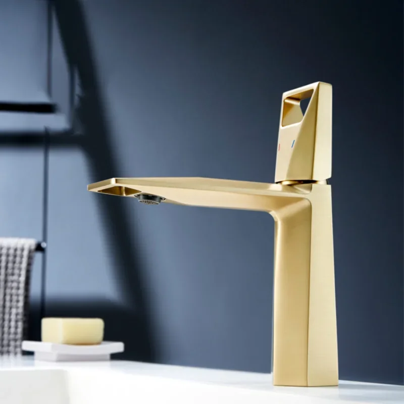 Brushed Gold Brass Bathroom Sink Faucet Hot And Cold Water Mixer Tap