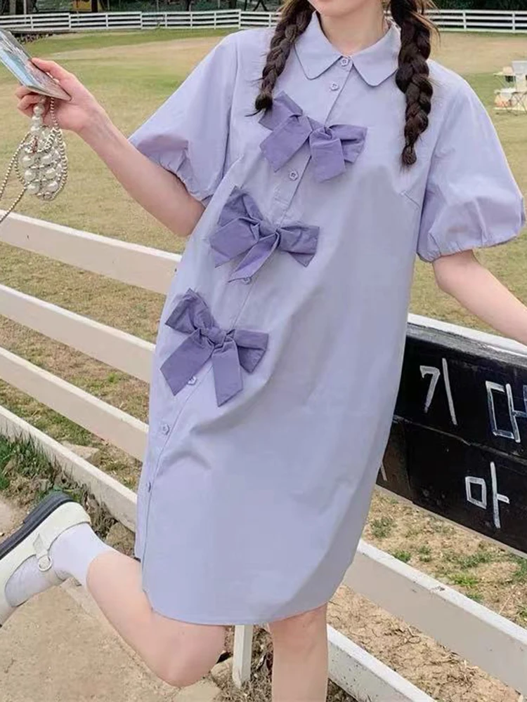 대조적인 나비넥타이 셔츠 드레스 여성 의류 빈티지 드레스 루즈핏 여름 웨딩 드레스 여성용