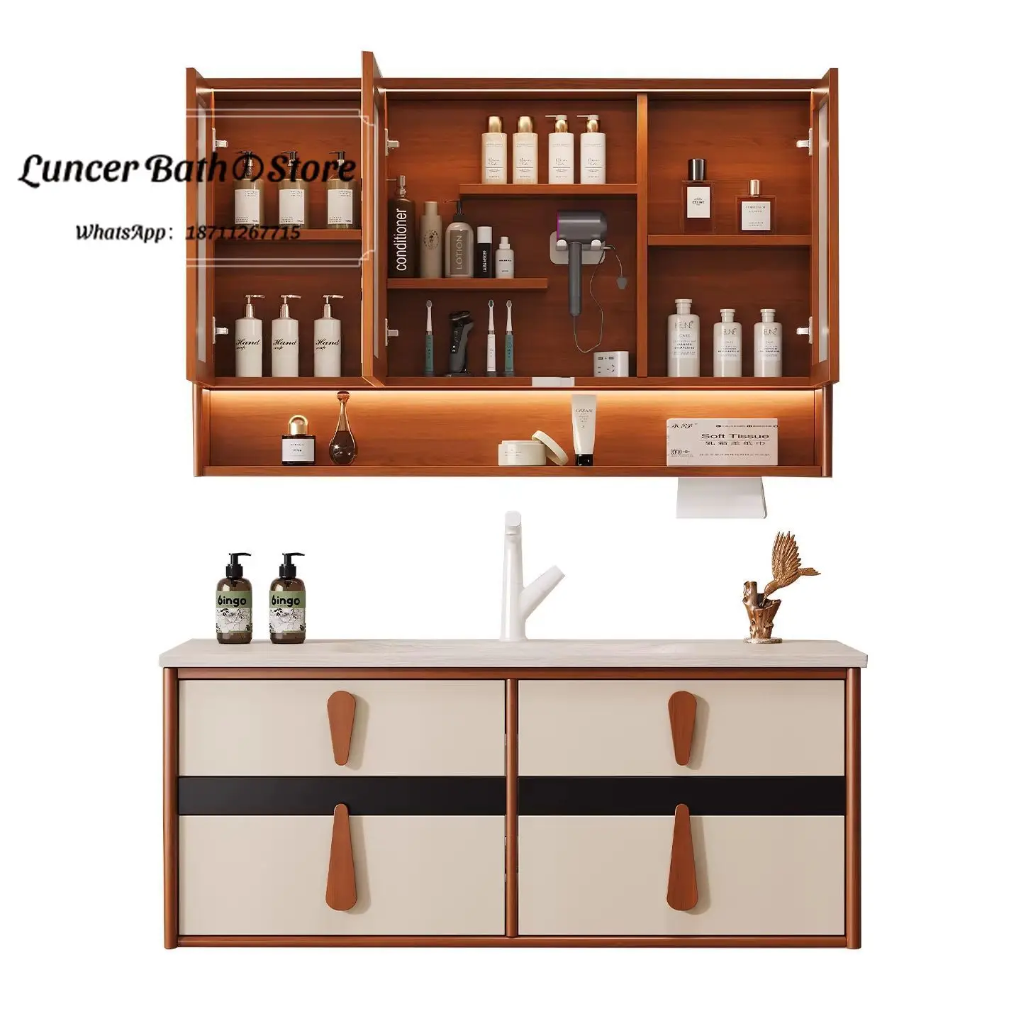 Double Split Rubberwood Bathroom Vanity Set, Ceramic Integrated Basin Sink Combo for Toilet Washstand