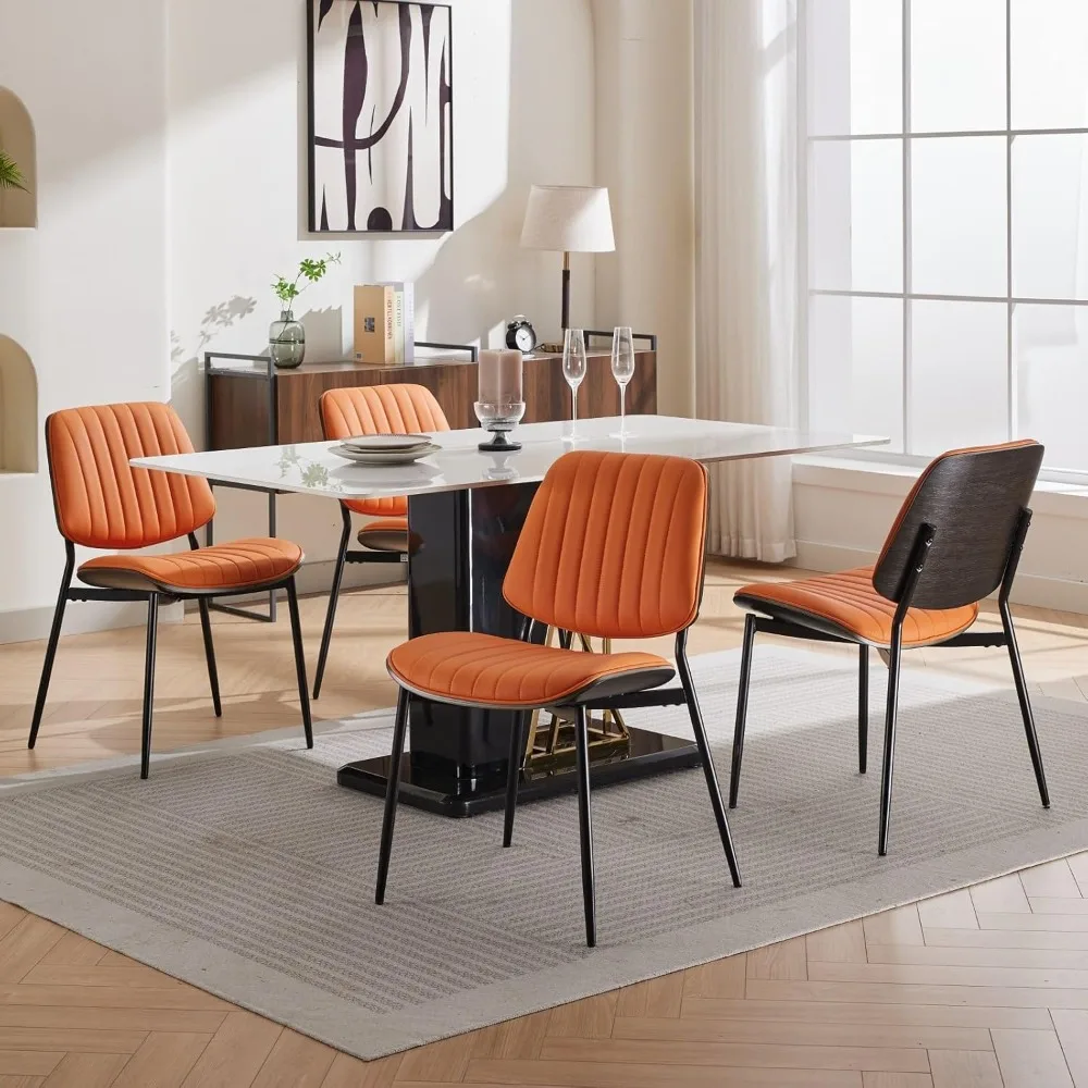 Dining Chairs Set of 4, Mid-Century Modern Upholstered PU Leather Chairs with Metal Legs Adjustable Feet, Dining Chairs