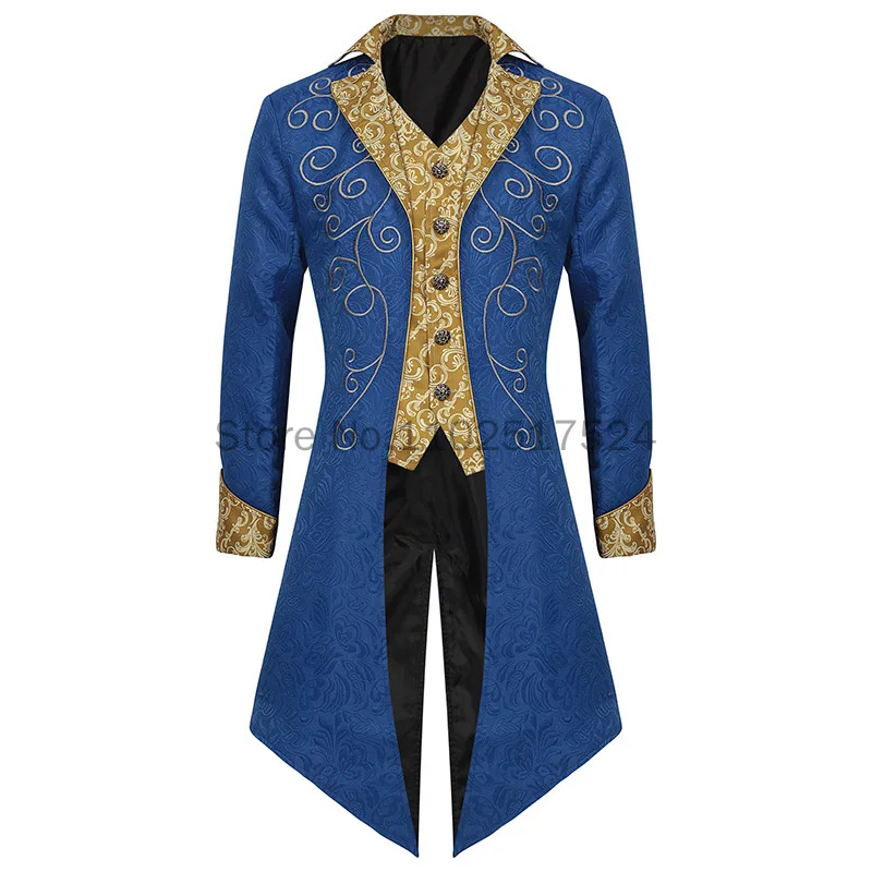 

Mens Medieval Victorian Tuxedo Jacket Blue Jacquard Fabric Steampunk Prince Cosplay Costume Halloween Party Renaissance Overcoat