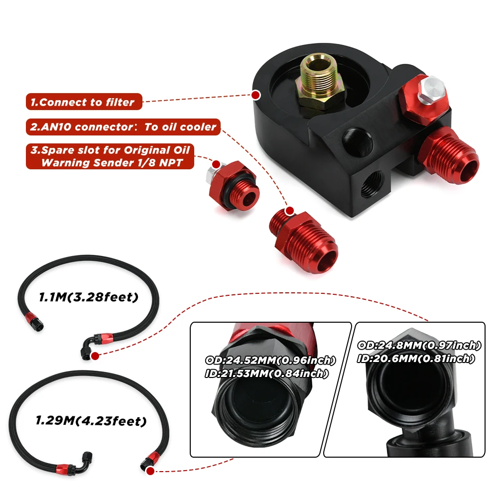 Adaptador Universal de placa sándwich de enfriador de filtro de aceite AN10 negro rojo + 2 uds línea de manguera trenzada negro