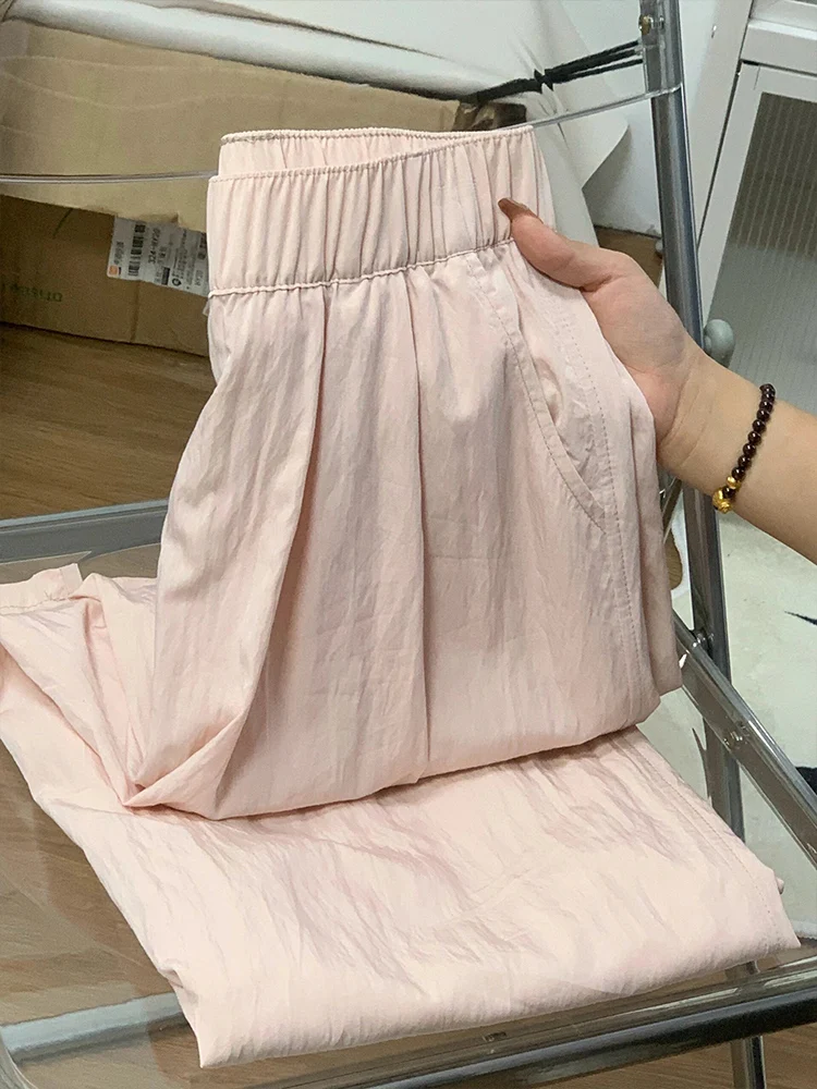 

Розовые прямые брюки с высокой талией, текстурированные, плиссированные, летние, повседневные, женские, длинные