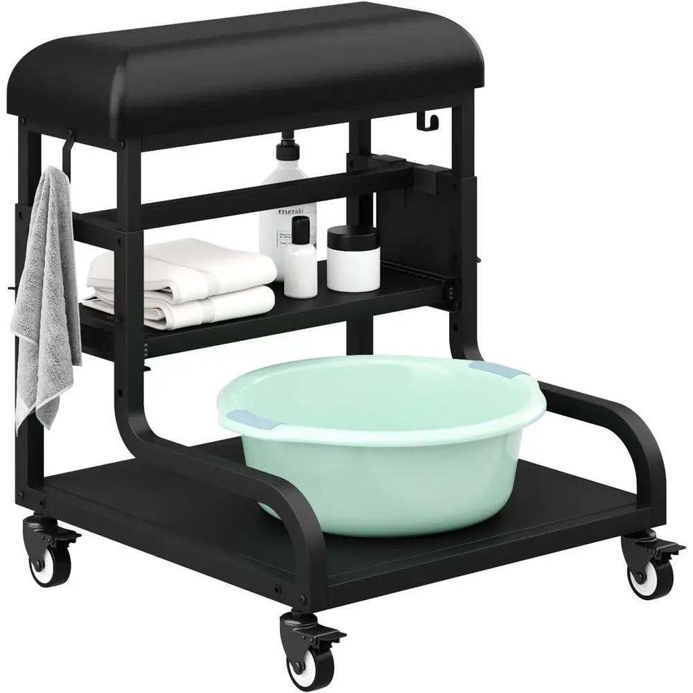 Adjustable Pedicure Foot Rest with 3-Level Height, PU Cushion, Storage & Locking Wheels, Mobile Pedicure Cart Foot Bath Trolley