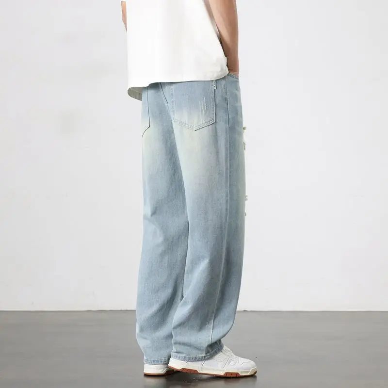 2026 Men's American Retro Washed Distressed Ripped Jeans Loose Straight Wide-Leg Casual Long Trousers for Spring Autumn