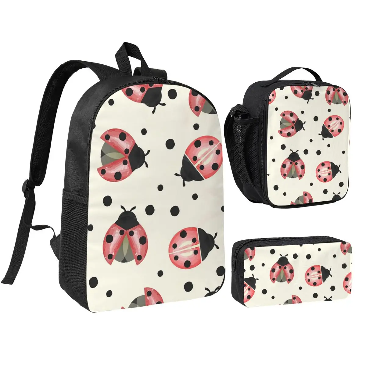 Cute Ladybug And Red White Polka Dots Backpack Student BookBag School Bag Shoulder Bags 3ps Insulated Lunch Bag Pencil Case