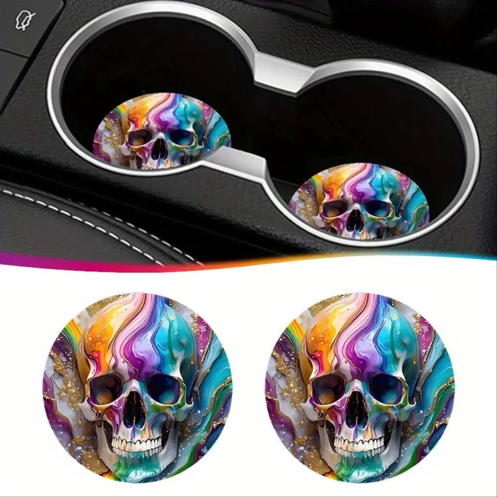 Vibrant Skull EVA Car Coasters 2pcs Colorful Halloween Decor For Car Kitchen Bar Cafe Office