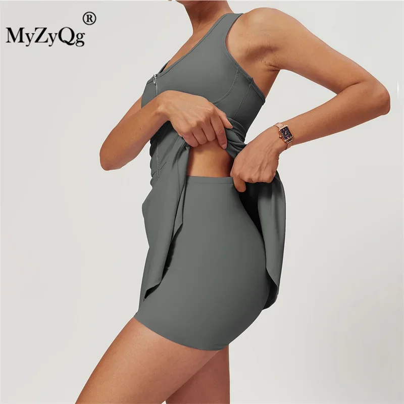 MyZyQg Women Nude Golf Tennis Dress Fake Two Pieces Sports Dress Anti-slip Bottoming Outdoor Running Fitness Tennis Skirt