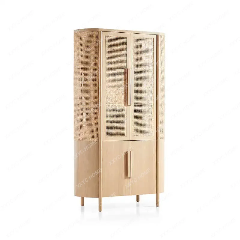 XX Retro Woven Rattan Wardrobe Solid Wood Natural ColorStorage Cabinet Simple  Style Stainless Steel Hollo