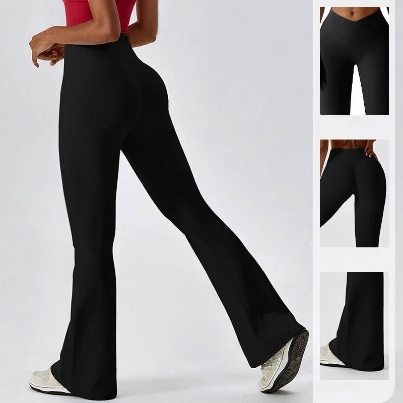 High Waist Yoga Pants for Women Tummy Control Cross V Waist Flared Work out Leggings Butt Lifting Running Sports Sweatpants