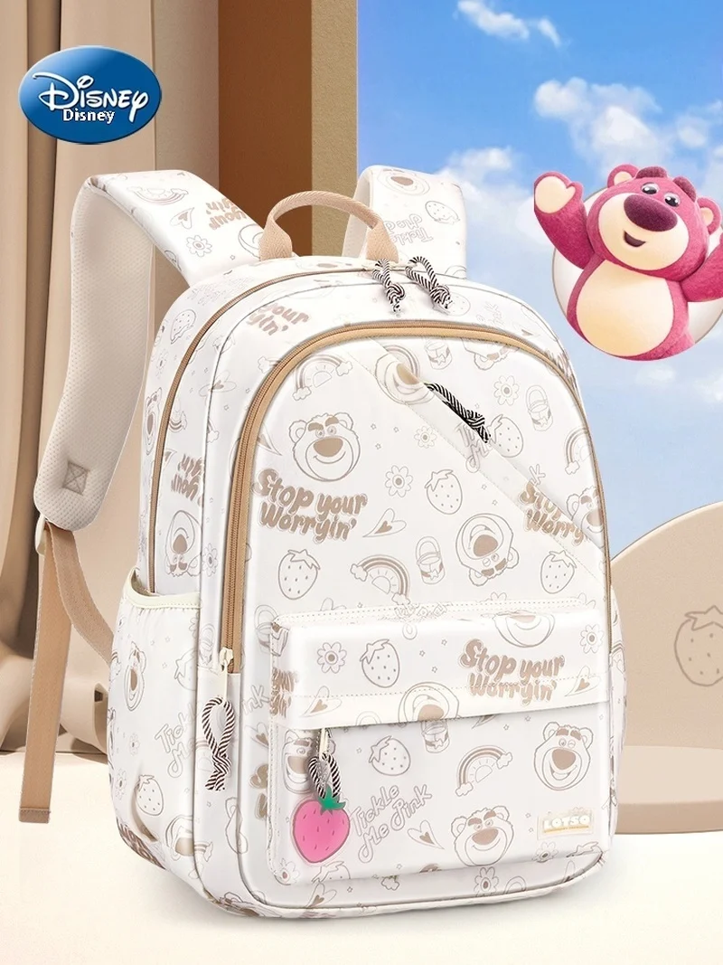 Mochila Disney para meninas, bolsa de livros urso morango, nova redução de carga, 2024