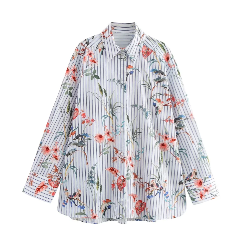 

PB&ZA2024 autumn new women's clothing temperament commuting slim fit simple loose animal print long sleeved striped shirt