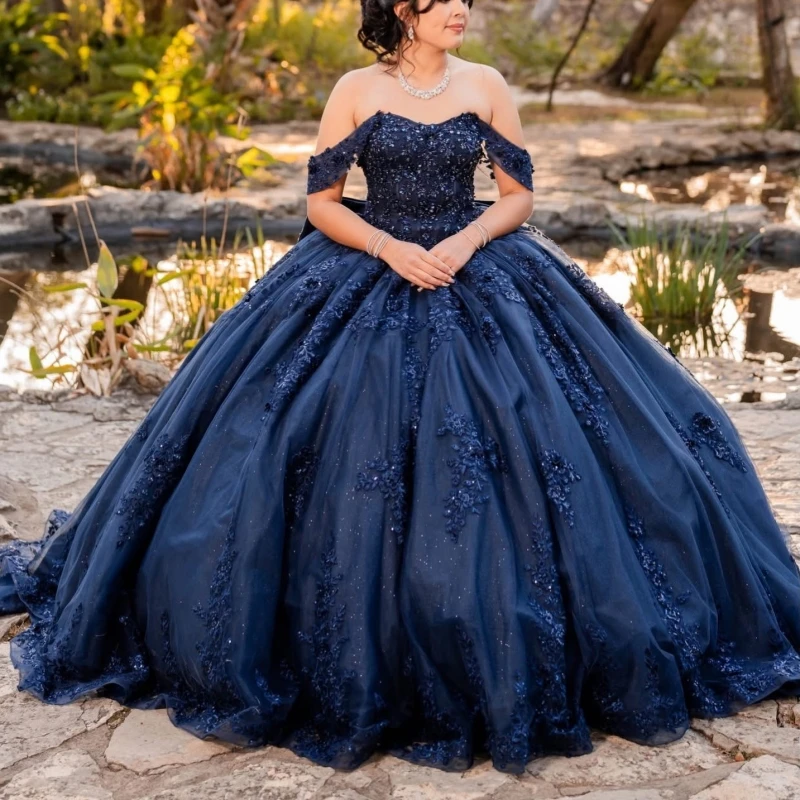 

Navy Blue Shiny Quinceanera Dresses Ball Gown Off The Shoulder Applique Lace Beading Crystal Bow Corset Party Birthday Sweet 16