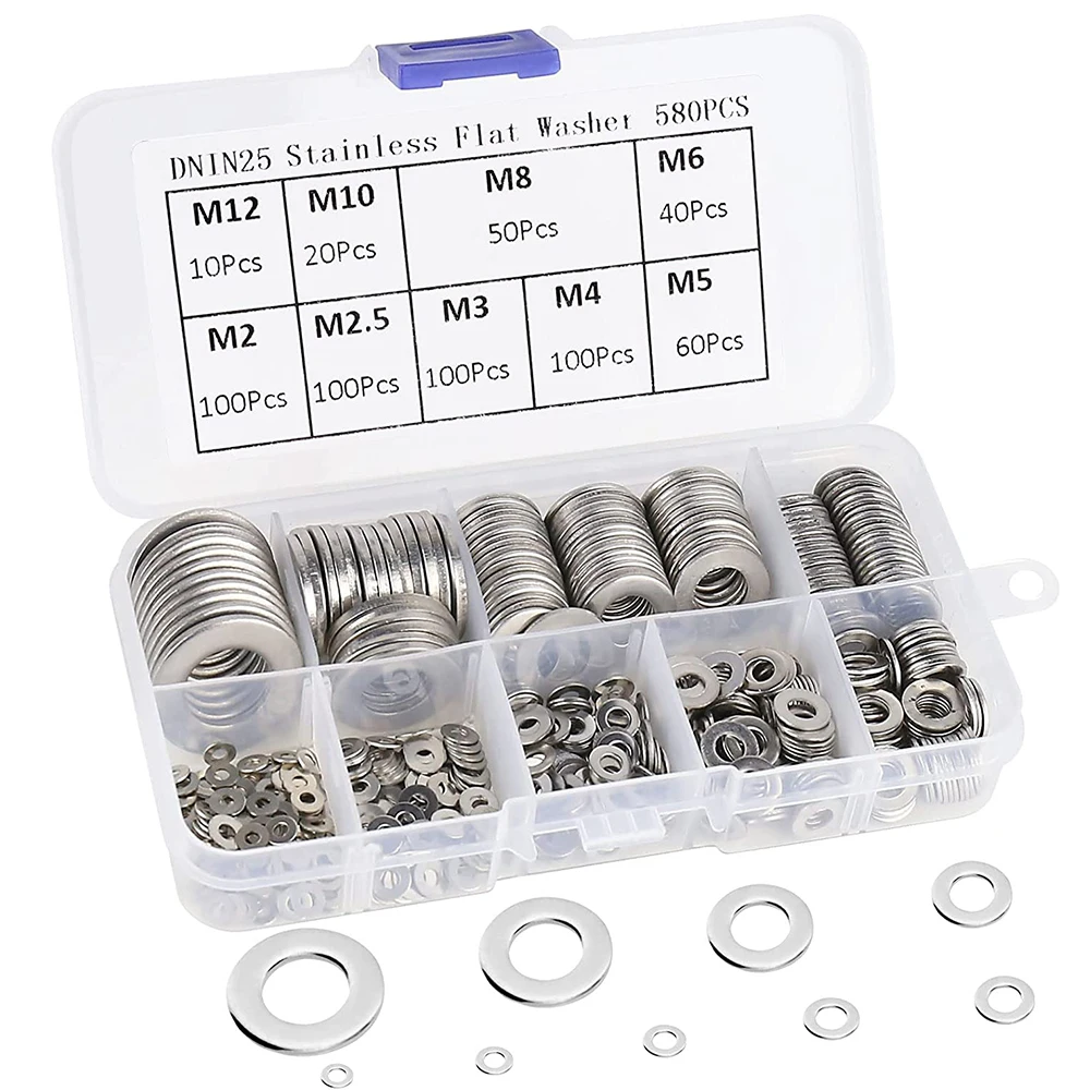 

580pcs automobile oil drain plug gasket 304 stainless steel flat washer combination kit M2 M2.5 M3 M4 M5 M6 M8 M10 M12 bolt