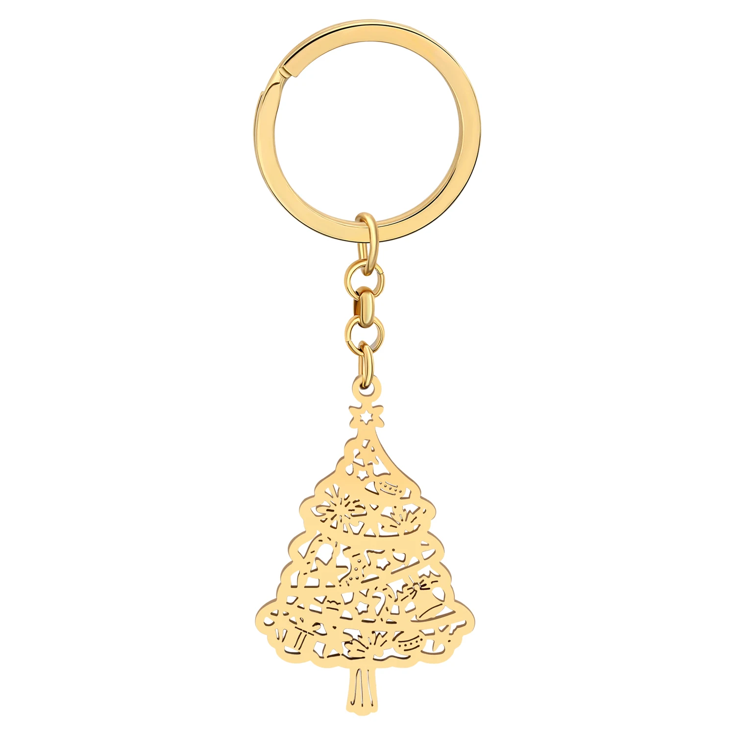 WEVENI Christmas Stainless Steel 18K Gold Silver Plated Ribbon Tree Keychains Hollow Keyring Jewelry for Women Holiday Gift