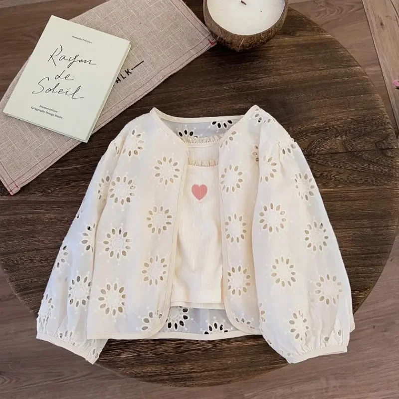 

Summer Baby Clothes 1-10Y Baby Girl Princess Cotton Embroidery Flower Blouse Infant Toddler Child Hollowed out Sunscreen Coat