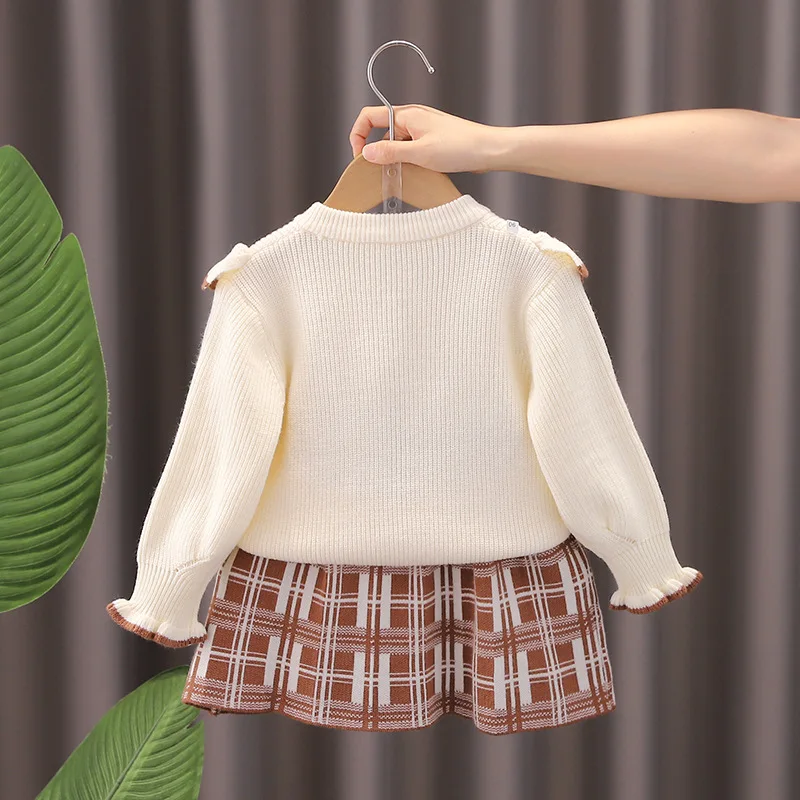 Autumn Winter Babys Girl 2PCS Clothes Set Rabbit Knotbow Knit Long Sleeve Cardigan Kid Girl Outfit Plaid Skirt Infant Girl Suits