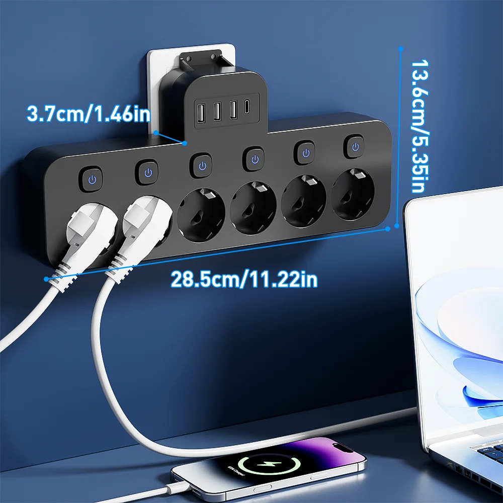 10-in-1 Multifunctional Wireless Converter, USB Socket Converter, 6 Ac Outlets, 3 USB Ports, 1 Type-C Port, Independent Multi-Switch One-To-Many Power Strip, USB Wireless Conversion Plug, 6-Switch Controller, Portable Power Strip for Travel/Dormitory/Home/Company, Black/White Wall Switch Socket image 5
