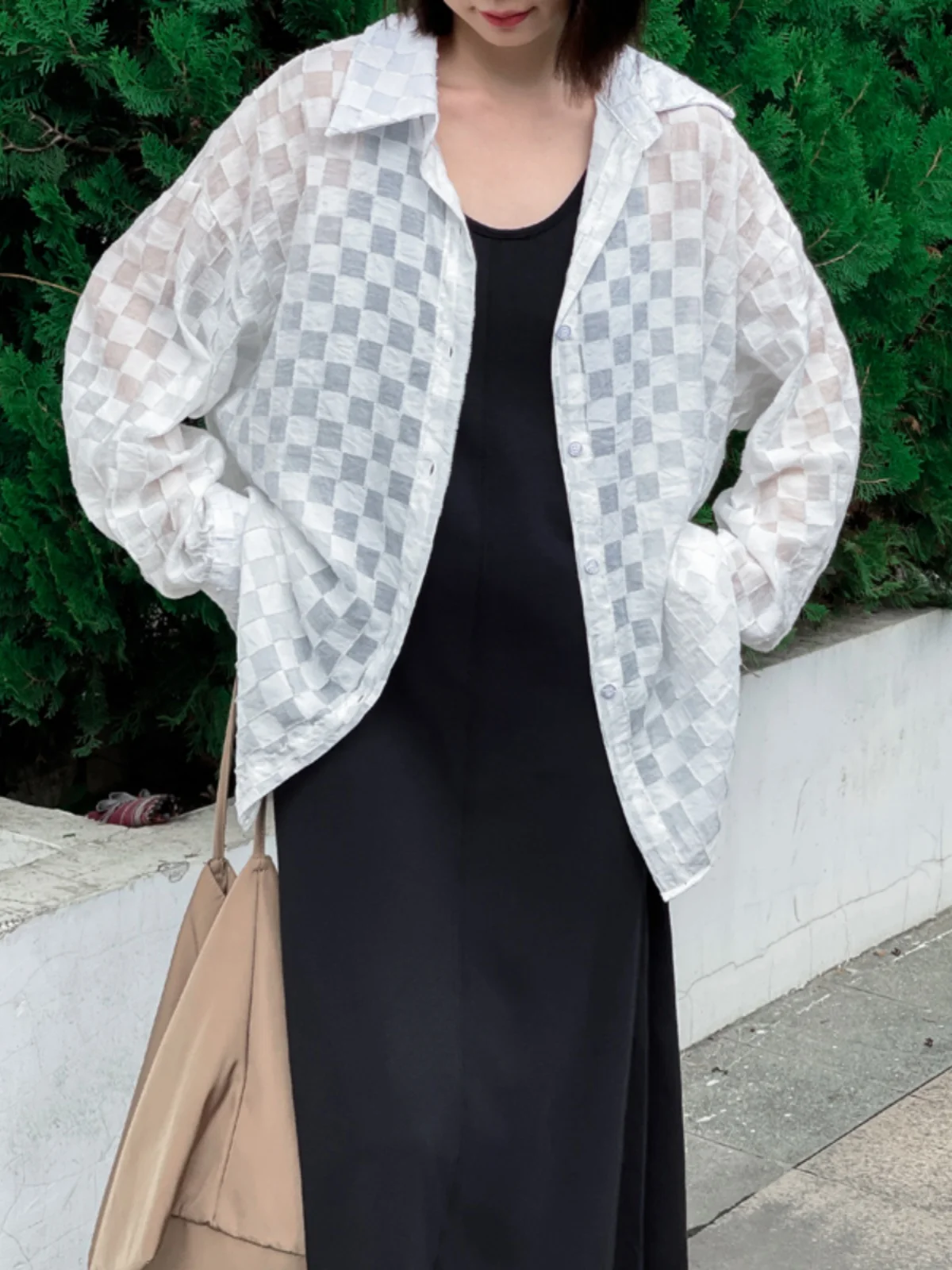 

Phil Dan Hong Kong Sle Simple id Pattern Crt Fabric Loose Mid-Length Long Sve irt Thin Sun Protection 792