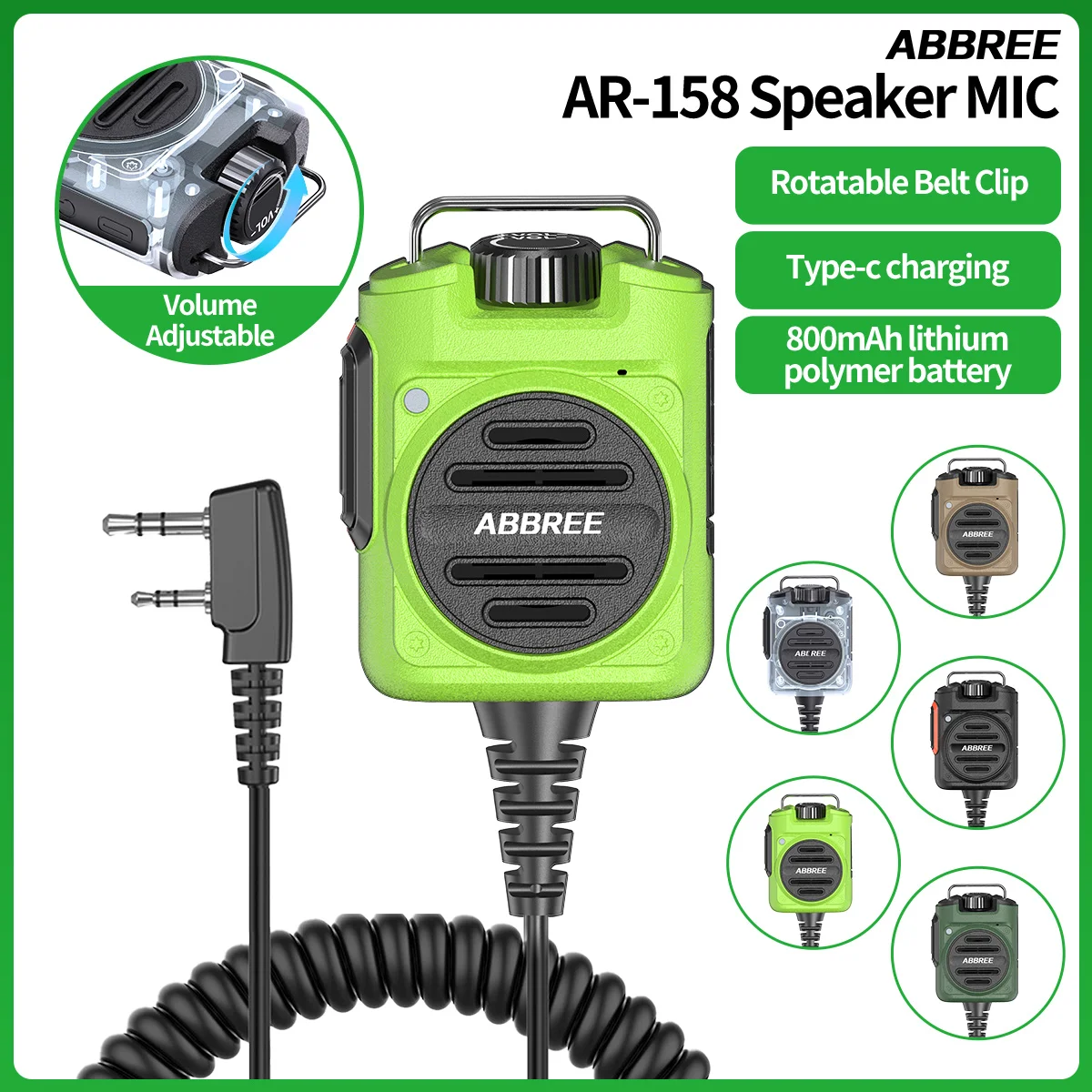 ABBREE Rechargeable Adjustable Volume Speaker Mic AR-158 Handheld Walkie Talkie Microphone For Baofeng UV 5R Mini UV 32 AR-152