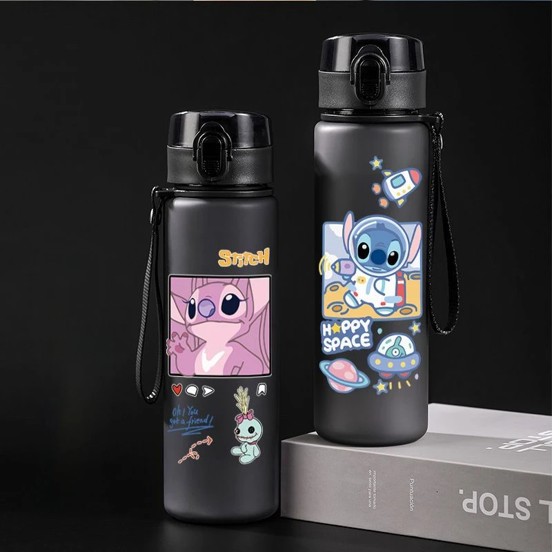 Lilo & Stitch-botella de agua deportiva de gran capacidad, vaso de plástico portátil con dibujos animados, para beber, color negro y azul, para