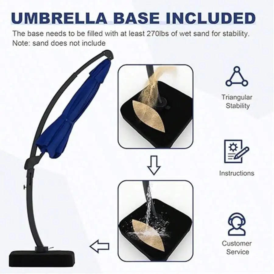 

11FT Cantilever Umbrella With Base Outdoor Patio Adjustable Sun Shade For Garden Deck Poolside Blue