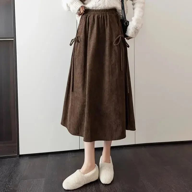 Women's Clothing Vintage Elastic High Waist Solid Skirt Autumn All-match Casual Lace Up Spliced A-Line Skirts for Female P181