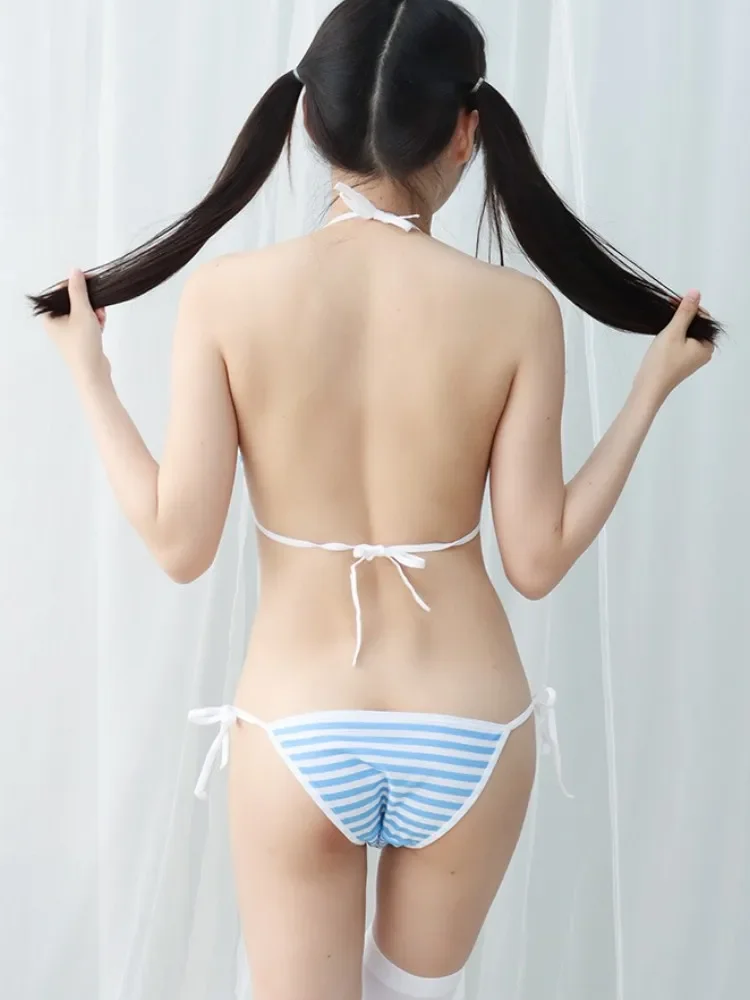 Sexy Japanese lingerie blue Lolita Kawaii, white and pink striped mini bikini, adult cosplay, pornographic clothing, bras, women