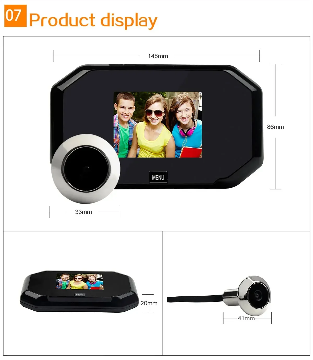 1080P Peephole Door Camera Color Screen with Door Bell LED Lights Electronic Doorbell Viewer Security with One-click Viewing